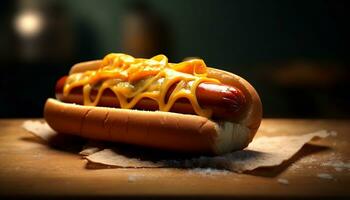 Grilled beef hot dog on wooden table, American lunch generated by AI photo