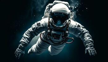 Futuristic astronaut explores dark galaxy in military space exploration generated by AI photo