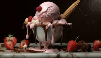 Indulgent gourmet dessert chocolate ice cream with fresh strawberry generated by AI photo