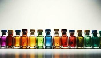 Multi colored medicine bottles in a row, reflecting vibrant scientific research generated by AI photo