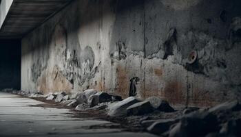 Dirty old wall, dark damaged building feature indoors Abandoned ruined concrete generated by AI photo