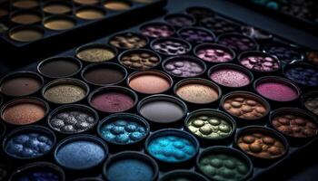 A vibrant collection of multi colored eyeshadow palettes for glamorous make up generated by AI photo