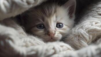 Cute kitten with soft fur, staring with playful curiosity generated by AI photo