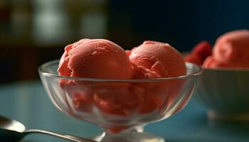 Indulgent gourmet dessert pink strawberry ice cream in a bowl generated by AI photo