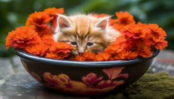 Cute kitten sitting in grass, surrounded by flowers, playful and adorable generated by AI photo