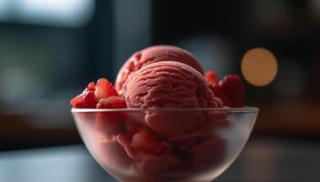 Refreshing summer dessert strawberry ice cream with raspberry and blueberry generated by AI photo