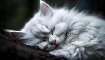 Cute kitten sleeping, fur softness, whisker close up, eyes closed, relaxation generated by AI photo