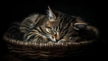 Cute kitten sleeping, fluffy fur, striped, softness, playful, resting generated by AI photo