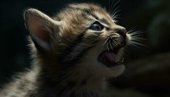 Cute kitten with fluffy fur and playful whiskers, staring outdoors generated by AI photo