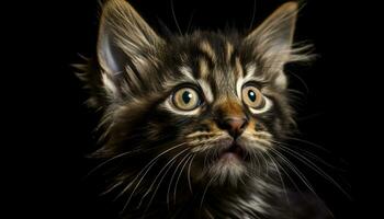 Cute kitten with fluffy fur, staring at camera, image generated by AI photo