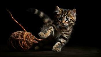 linda a rayas gatito jugando con juguete, mirando a cámara encantadoramente generado por ai foto