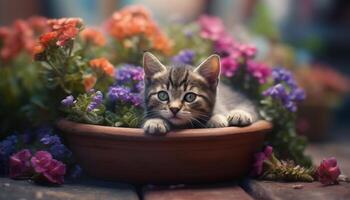 Cute kitten sitting on grass, surrounded by flowers, enjoying nature generated by AI photo