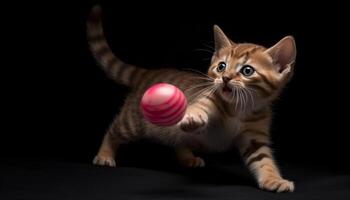 Cute kitten playing with toy, striped fur, staring at camera generated by AI photo