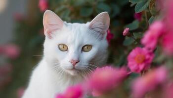 Cute kitten sitting in grass, staring at pink flower blossom generated by AI photo