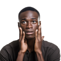 attraktiv ung afrikansk amerikan man orolig med händer på hans ansikte. isolerat ai genererad png
