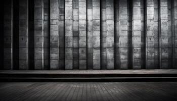 Abstract modern design dark concrete flooring, empty room, illuminated backdrop generated by AI photo