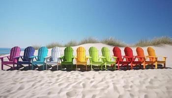 Blue chair on sandy beach, under clear sky, perfect summer vacation generated by AI photo