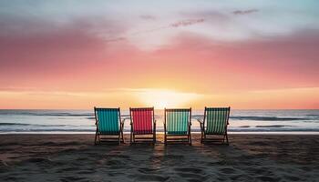 puesta de sol terminado tranquilo línea costera, naturaleza belleza en tropical paraíso generado por ai foto