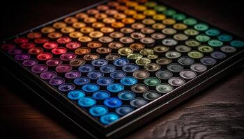 Multi colored close up of shiny medicine capsules on dark wood table generated by AI photo