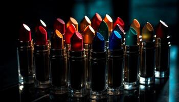 A vibrant collection of multi colored lipsticks in a row generated by AI photo