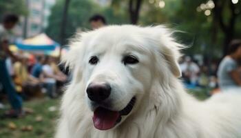 un linda perrito sentado al aire libre, sonriente, mirando a cámara con lealtad generado por ai foto