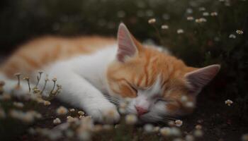 Cute kitten resting in the meadow, enjoying the tranquil springtime generated by AI photo