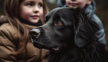 Cute puppy playing with children, pure joy and innocence outdoors generated by AI photo