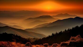 Majestic mountain peak silhouetted against orange sunset, nature tranquil beauty generated by AI photo