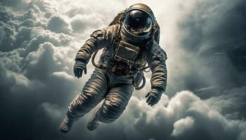 futurista hombres volador en espacio, armado efectivo en un misión generado por ai foto