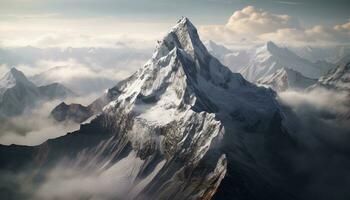 majestuoso montaña cima, nieve tapado, rodeado por panorámico naturaleza paisaje generado por ai foto