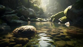 un tranquilo escena de un mojado bosque con fluido agua generado por ai foto