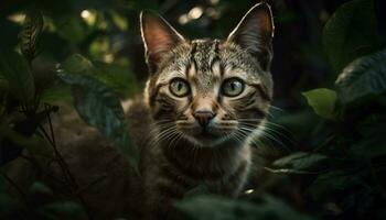 linda gatito con a rayas piel sentado en verde césped al aire libre generado por ai foto