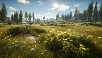 Beautiful meadow with yellow wildflowers, surrounded by green trees and mountains generated by AI photo