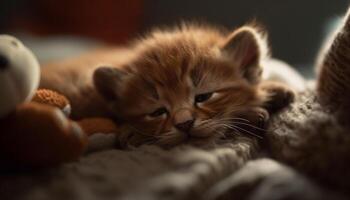 Cute kitten playing with toy, fluffy fur, charming and playful generated by AI photo