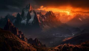Majestic mountain peak, sunset sky, panoramic landscape, tranquil water generated by AI photo