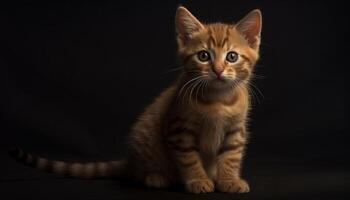 Cute kitten sitting, staring, playful, fluffy, striped, small, whisker, curious generated by AI photo