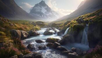 Majestic mountain peak, tranquil scene, flowing water, green meadow generated by AI photo