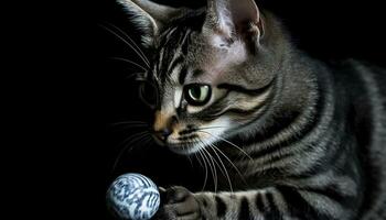 linda felino gatito jugando con juguete, curioso con curiosidad generado por ai foto