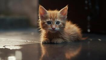 Cute kitten looking at camera, playful and fluffy, outdoors generated by AI photo