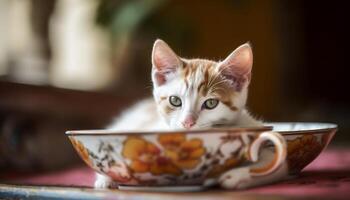 linda gatito sesión, mirando a cámara, comiendo desde pequeño cuenco generado por ai foto