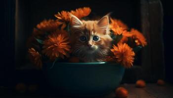 Cute kitten sitting outdoors, looking at camera, surrounded by flowers generated by AI photo