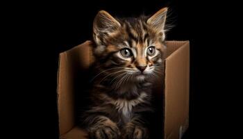 Cute kitten, small and fluffy, sitting, staring with curiosity generated by AI photo