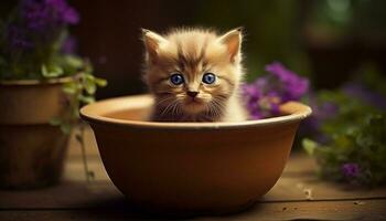 Cute kitten sitting in flower pot, looking at camera playfully generated by AI photo