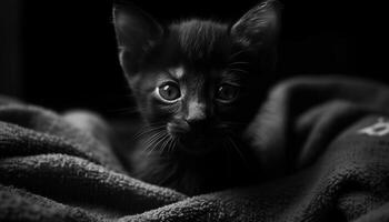 Cute kitten with fluffy fur, staring at camera, indoors generated by AI photo