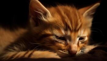 Cute domestic cat kitten sleeping, striped fur, fluffy and playful generated by AI photo