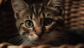 Cute kitten staring, fluffy fur, playful nature, softness, pampered pets generated by AI photo