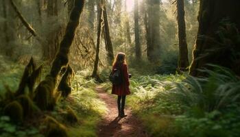 A woman hiking alone on a forest footpath, enjoying nature generated by AI photo