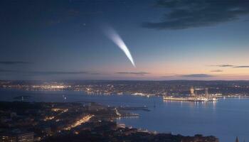 brillante ciudad luces iluminar el oscuro, panorámico urbano horizonte a oscuridad generado por ai foto