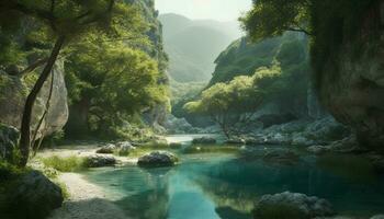 A serene landscape of a green forest with flowing water generated by AI photo