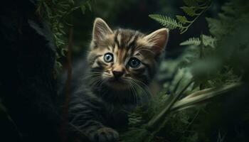 Cute kitten playing outdoors, staring with curiosity, fluffy fur generated by AI photo